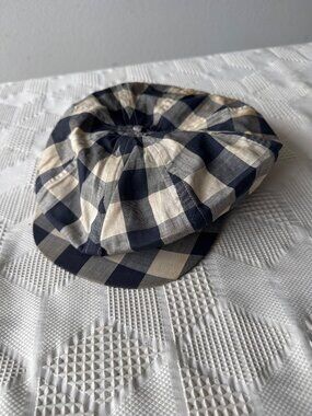Vintage Navy Beige Checkered Gingham Newsboy or Golf Cap w Button Snap Brim